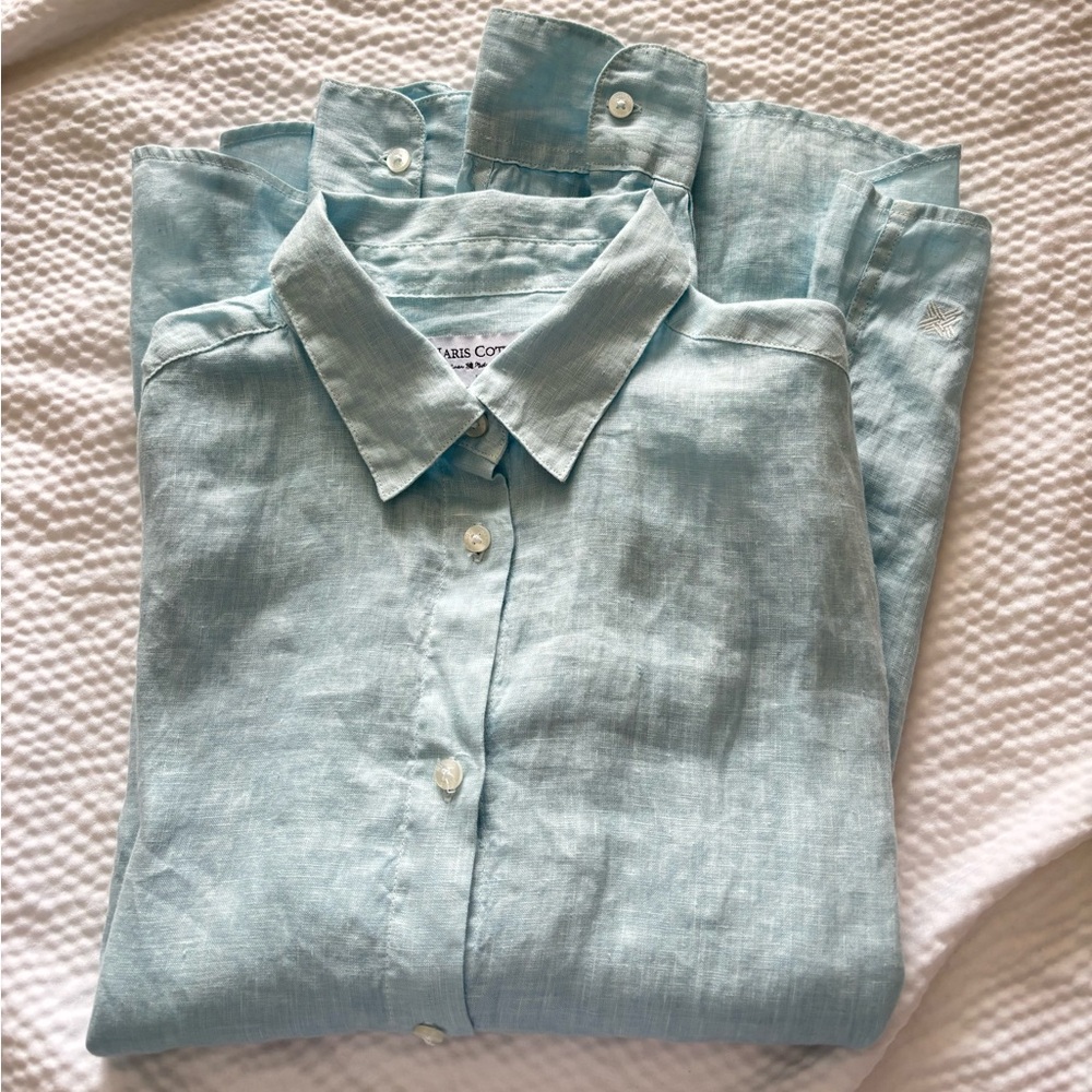 Haris Cotton Baby Blue Linen Gauze Beachy Coastal Boyfriend Style Shirt - Picture 2 of 10